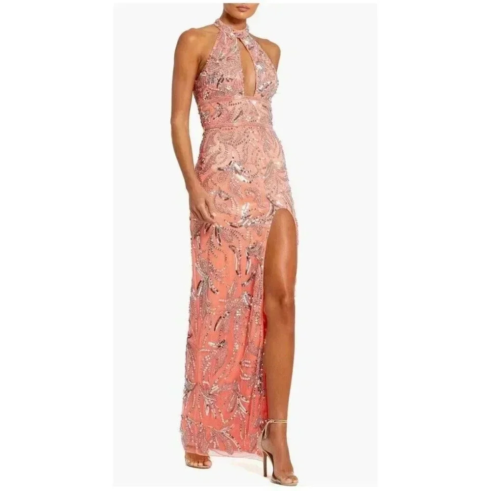 NEW Mac Duggal 6030 Sequin Punge Cutout Back Gown SZ 10 ($598) Coral - Picture 2 of 13